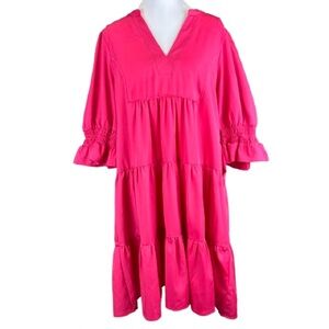 Umgee Hot Pink Tiered Babydoll Dress Smocked Sleeve Pockets L Cottagecore NEW